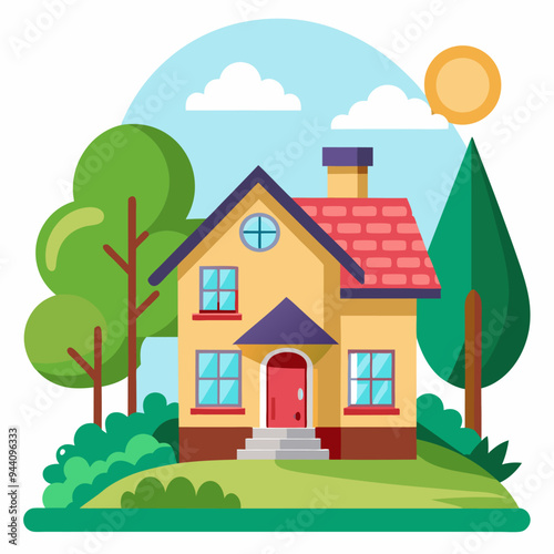 A Yellow House with Red Roof and Green Trees