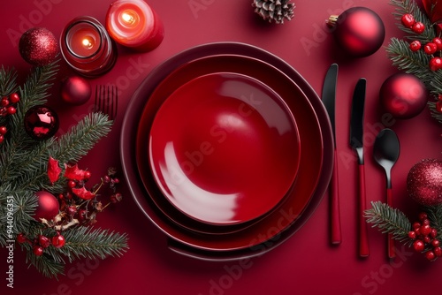 Using Stock technology, create a festive table setting with red plates and silverware photo