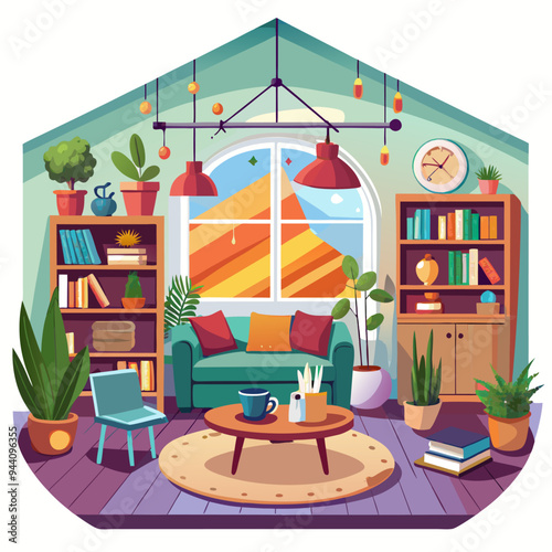 Cozy Living Room with Green Sofa and Bookshelves