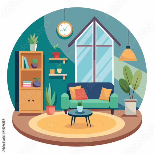 A Living Room Interior with a Couch, Plants, and a Bookcase