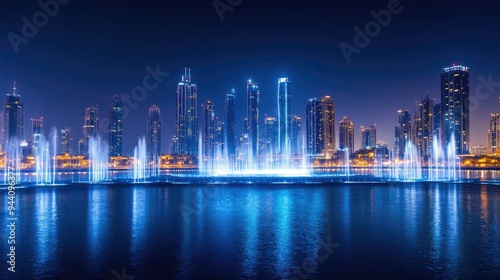 WOW view of Dubai skyline at night. City lights popping. Dancing fountain display. Luxury travel holiday concept. photo