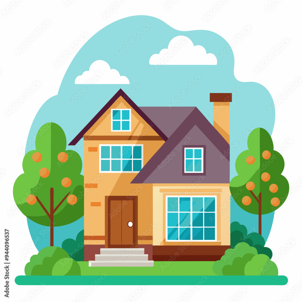 Fototapeta premium A Two-Story House with a Front Yard and Trees