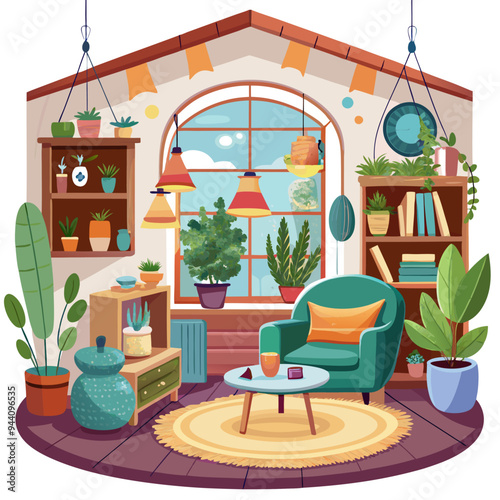 Cozy Living Room Interior with Plants and Bookshelf