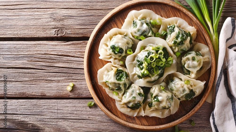 Dumplings with spring onion and ground meat on a white plate, a Chinese cuisine dish of dumplings made from dough filled with greenish, emerald-colored, sweet, tender herbs Dumplings with spring onion and ground meat on a white plate, a Chinese cuisine dish of dumplings made from dough filled with greenish, emerald-colored, sweet, tender herbs