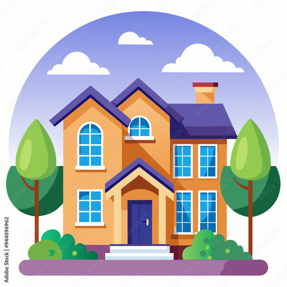 Fototapeta premium Two-story house with blue door and windows, surrounded by trees and bushes