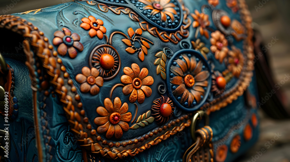 custom made wallpaper toronto digitalClose-up of Teal Leather Bag with Intricate Floral Embellishments