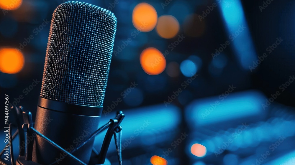 Close-up of a professional microphone in a recording studio. Close-up of a professional microphone in a recording studio.