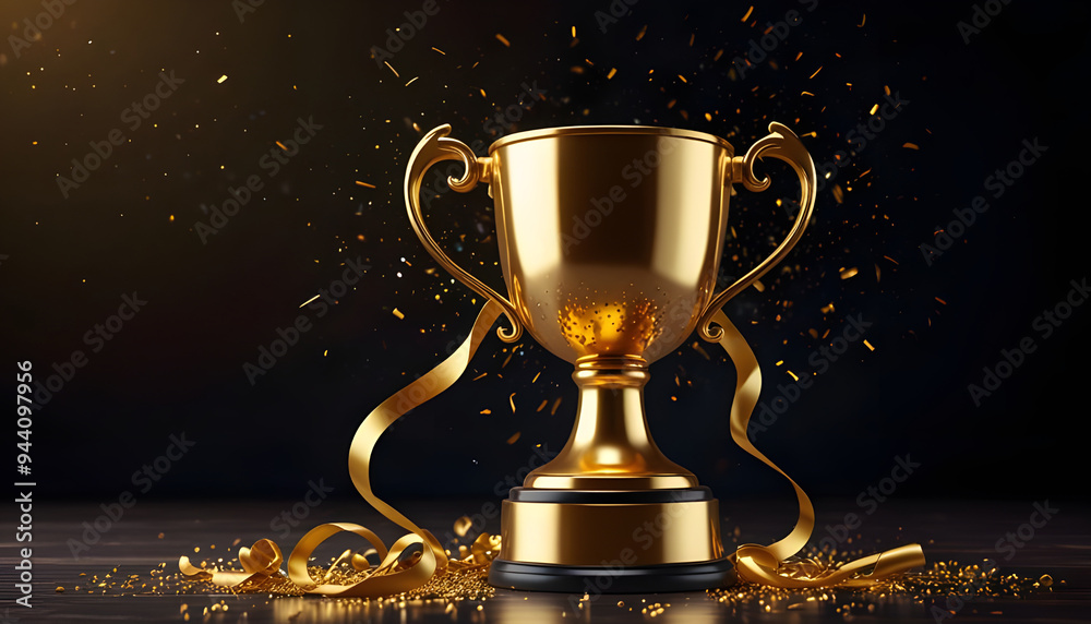Champion trophy cup with falling confetti and streamers background. Generative AI Champion trophy cup with falling confetti and streamers background. Generative AI