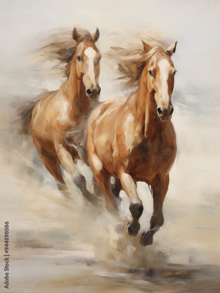 Two galloping horses in motion, powerful and free-spirited with dynamic energy Two galloping horses in motion, powerful and free-spirited with dynamic energy