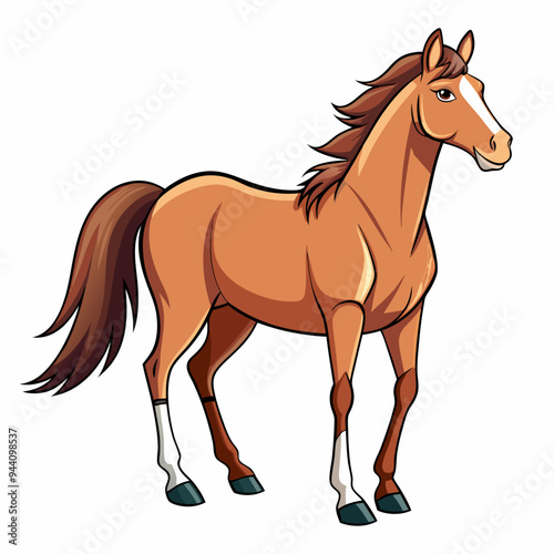 Cartoon Illustration of a Brown Horse with White Markings