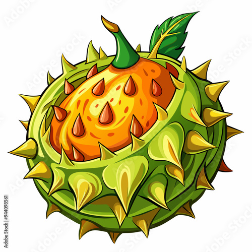 Spiky Green Fruit with Orange Interior and Yellow Thorns