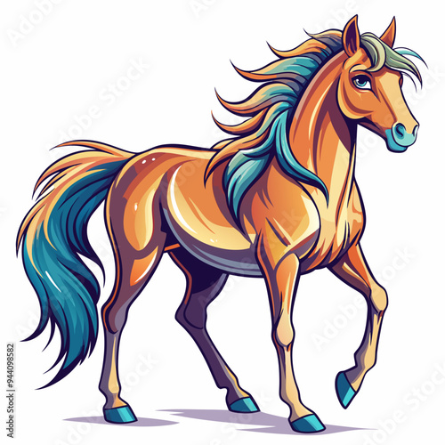 Cartoon Illustration of a Brown Horse with Blue and Yellow Mane and Tail