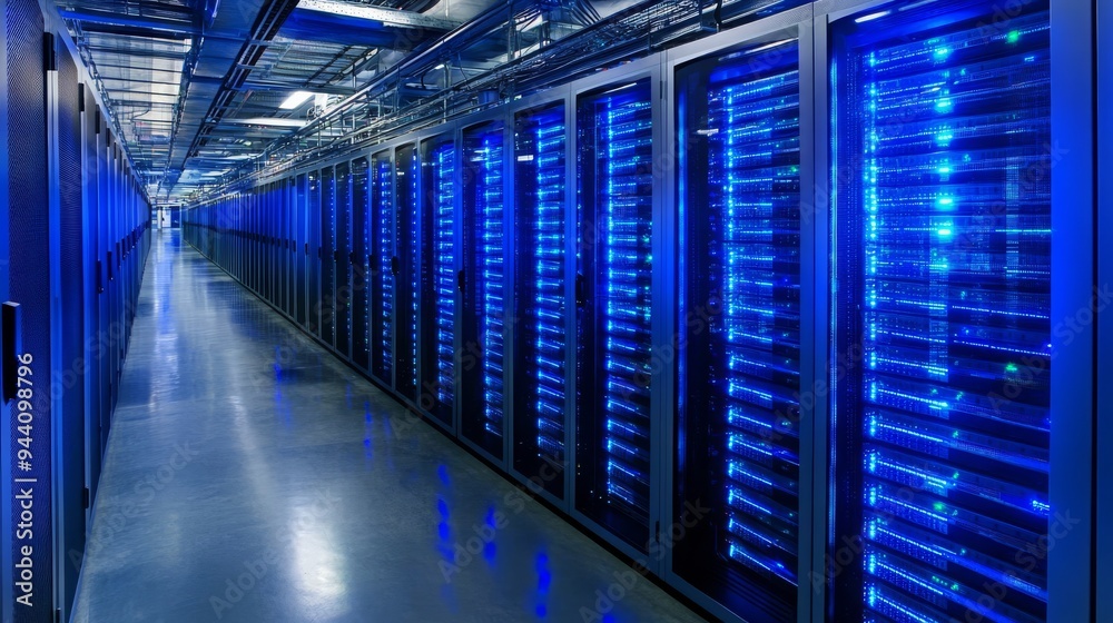 Fototapeta premium Blue Lit Server Room Corridor, Data Center, Server Racks, Technology