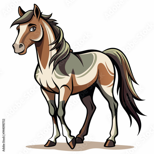 Cartoon Illustration of a Brown and White Horse