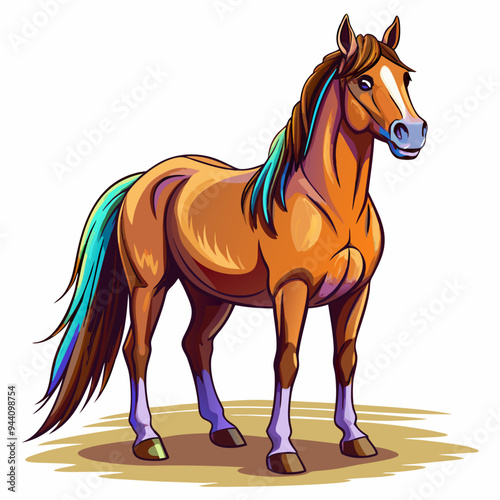 A Cartoon Illustration of a Brown Horse with a Blue Tail