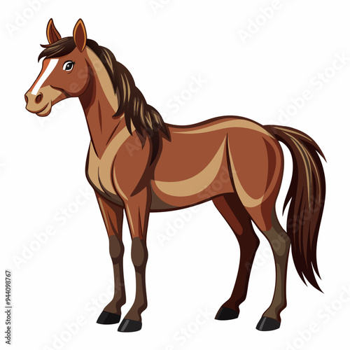 Cartoon Illustration of a Brown Horse with a White Stripe
