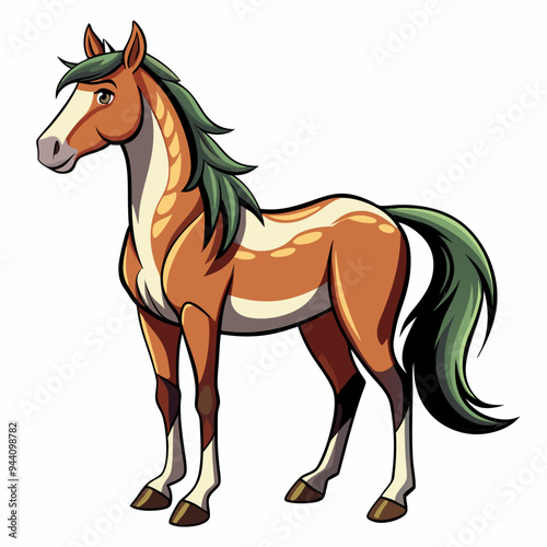 Cartoon Illustration of a Brown and White Horse with Green Mane and Tail