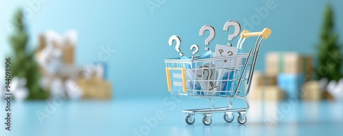 Consumer confidence, shopping cart filled with question marks, 3D illustration photo