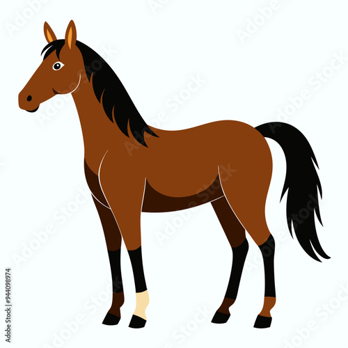 Brown Horse with Black Mane and Tail Standing on White Background