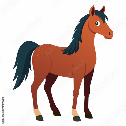 Cartoon Illustration of a Brown Horse with a Dark Blue Mane and Tail