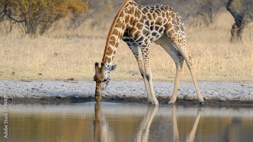 Giraffe Drinking from a Waterhole