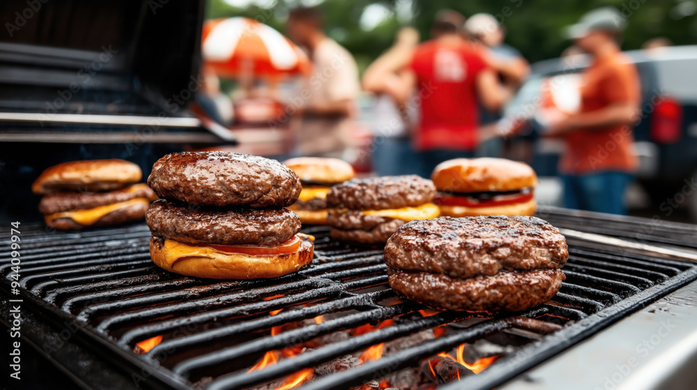 Φωτογραφία Close-up of burgers being grilled on a barbecue with people socializing in the background at an outdoor event