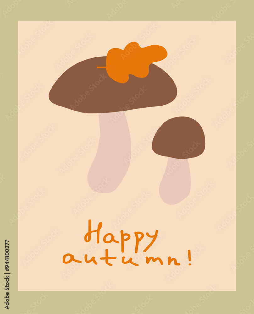 Autumn illustration featuring two mushrooms with an orange leaf in a warm, earthy color palette Autumn illustration featuring two mushrooms with an orange leaf in a warm, earthy color palette