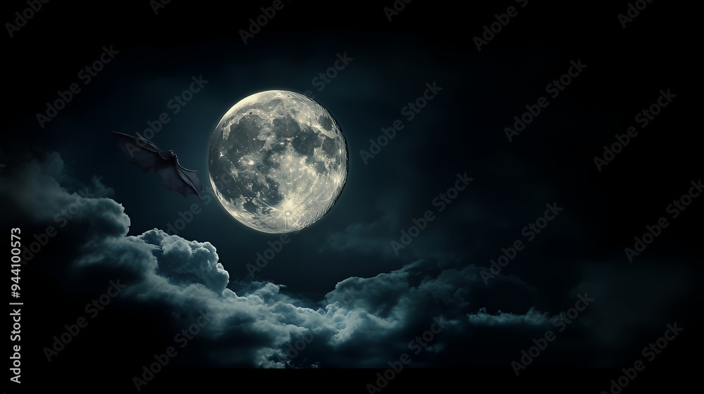 A full moon illuminates a dark sky, with clouds and a silhouette of a bat in flight. A full moon illuminates a dark sky, with clouds and a silhouette of a bat in flight.
