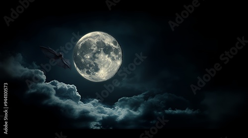 A full moon illuminates a dark sky, with clouds and a silhouette of a bat in flight.