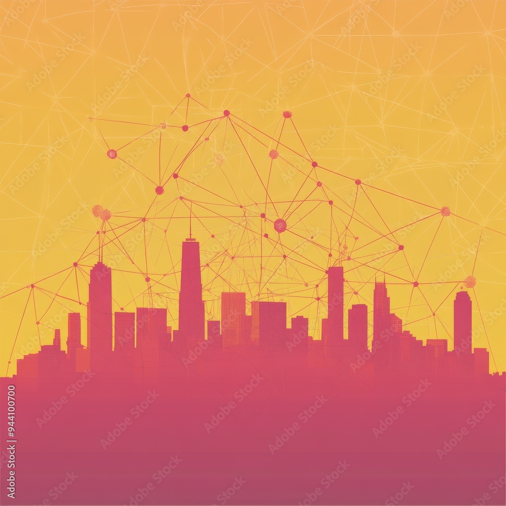 Connected Cityscape, Abstract, Silhouette, Network, city, skyline, technology Connected Cityscape, Abstract, Silhouette, Network, city, skyline, technology