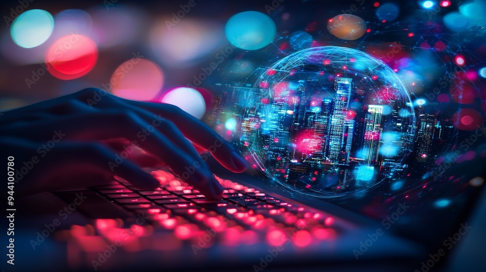 Connecting to the Future Hands Typing on a Laptop with a Glowing Cityscape Globe on the Screen, Technology, Global Network, Cityscape Connecting to the Future Hands Typing on a Laptop with a Glowing Cityscape Globe on the Screen, Technology, Global Network, Cityscape