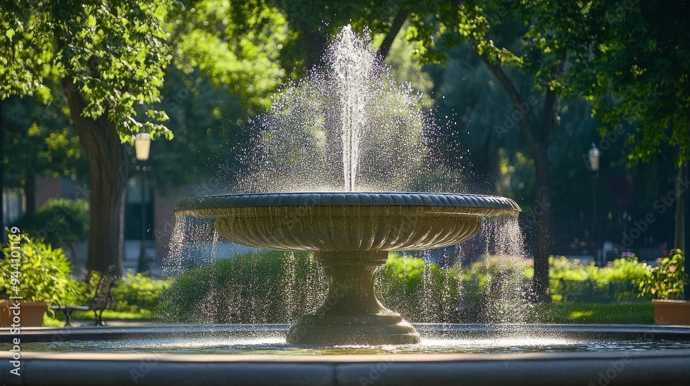 Naklejka premium Cooling fountain in park on scorching day