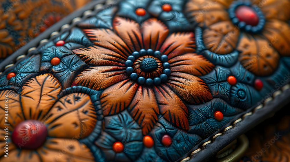 Closeup of Leather Carving with Orange and Blue Flowers Illustration Closeup of Leather Carving with Orange and Blue Flowers Illustration