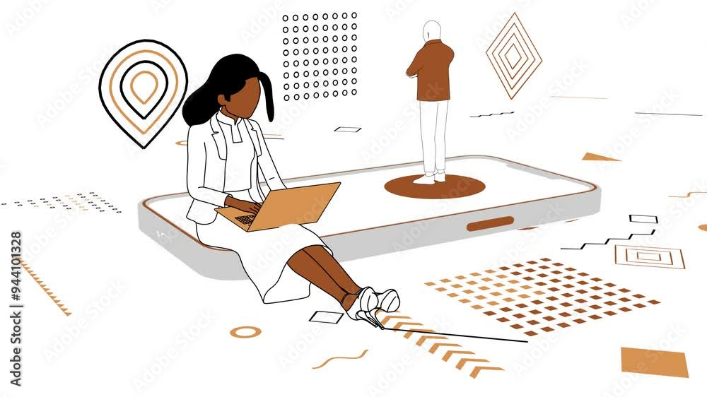 A woman with a laptop sits on her smartphone and online hires a business partner