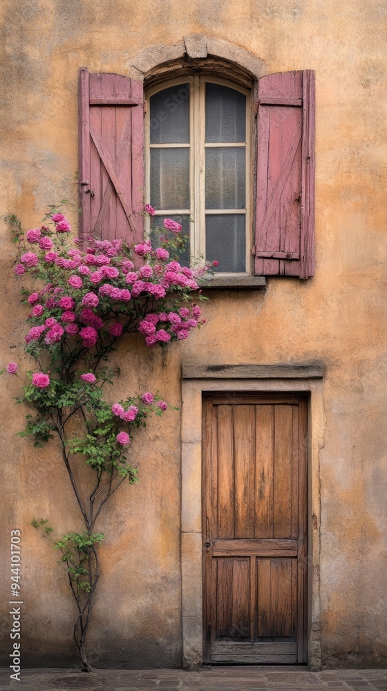 A charming rose bush with pink flowers cascades over a weathered stone wall, framing a small window and door in a peaceful setting in France A charming rose bush with pink flowers cascades over a weathered stone wall, framing a small window and door in a peaceful setting in France