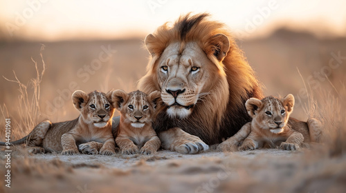 Male lion and three lion cubs lying on the grass in the savannah during sunset.