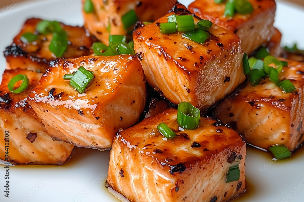 Seared Brown Butter Salmon with Green Onion Garnish on Plate Seared Brown Butter Salmon with Green Onion Garnish on Plate
