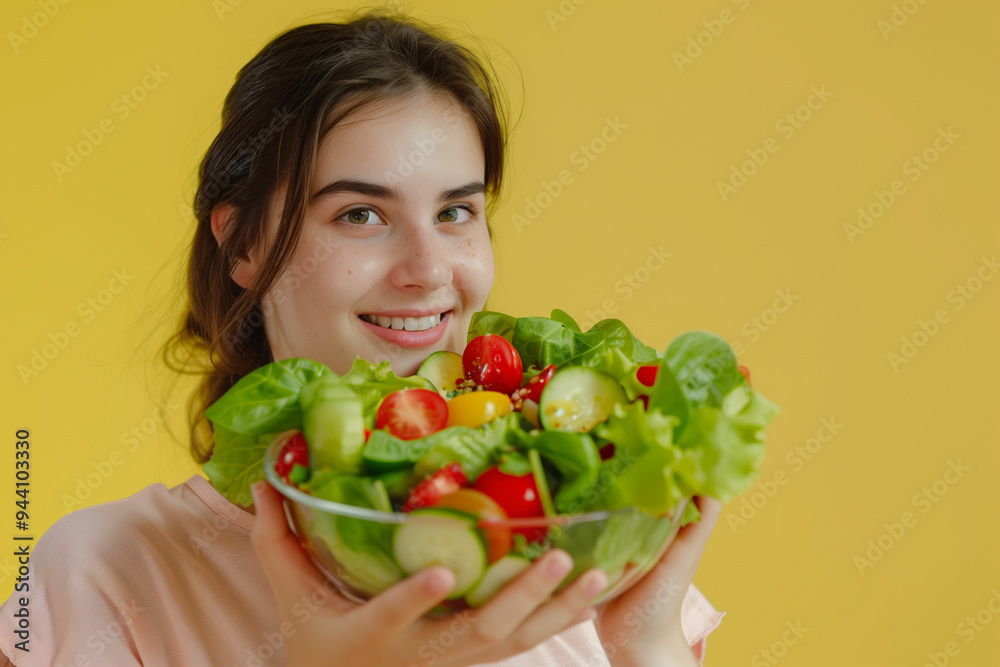 Smiling Woman Holding Fresh Healthy Vegetable Salad in a Bowl Smiling Woman Holding Fresh Healthy Vegetable Salad in a Bowl
