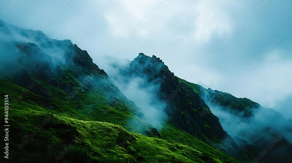 Misty mountain range with green slopes and cloudy sky.