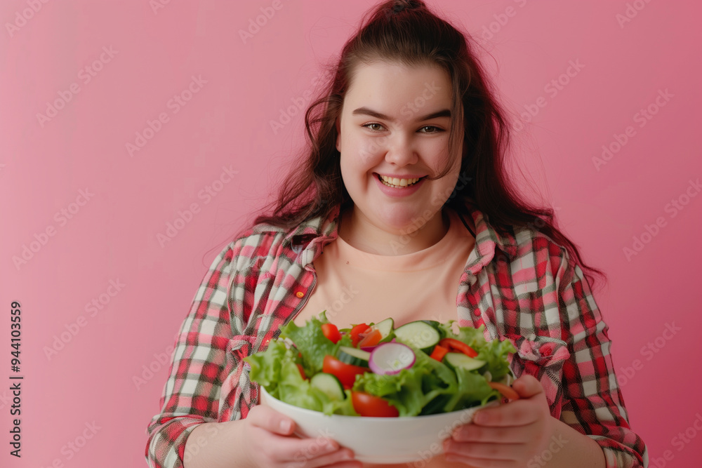 Smiling Woman Enjoying a Healthy Vegetable Salad on a Pink Background Smiling Woman Enjoying a Healthy Vegetable Salad on a Pink Background