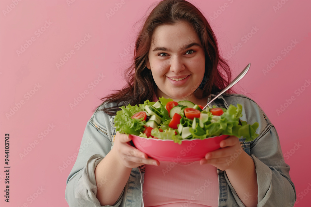 Smiling Woman Enjoying Fresh Vegetable Salad in Pink Bowl Smiling Woman Enjoying Fresh Vegetable Salad in Pink Bowl