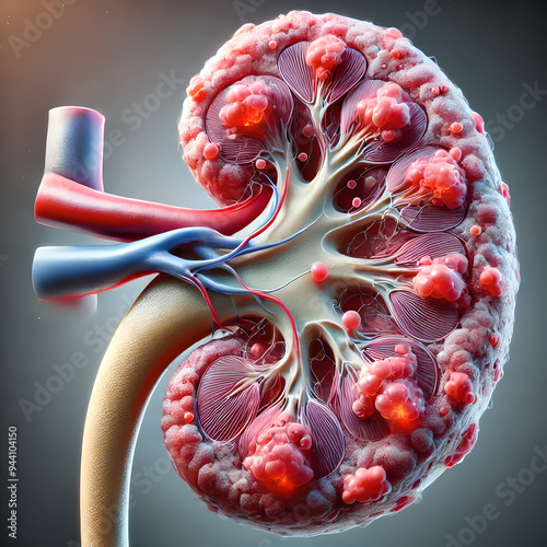 Human kidney with acute glomerulonephritis, showing inflammation ,swelling glomeruli. visibility inflamed areas within nephron, highlighting damage to filtering units kidney. inflamed, fibrotic tissue