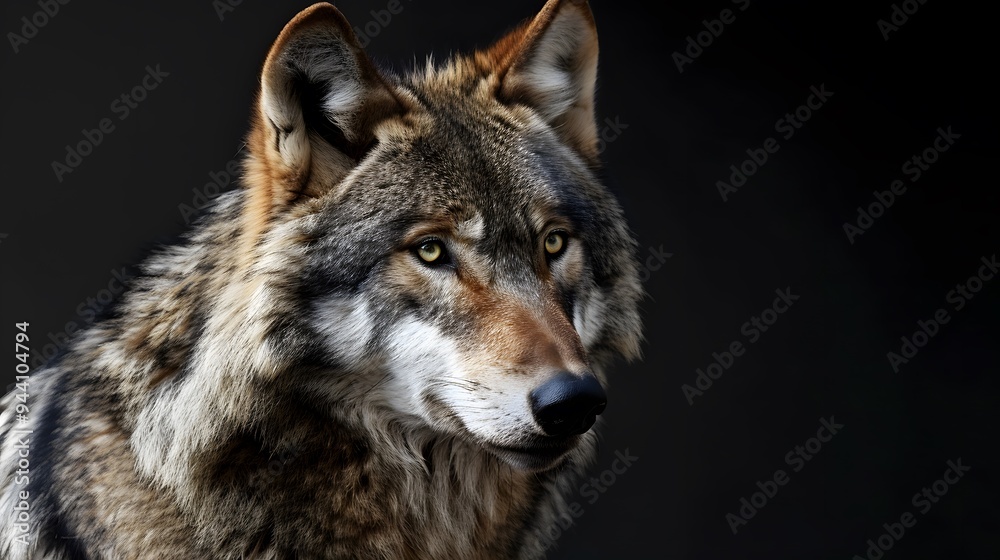 Portrait of adult wolf on black background, generative ai Portrait of adult wolf on black background, generative ai