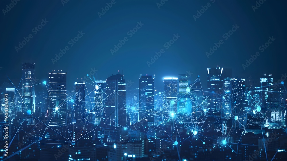 A bustling smart city skyline overlaid with glowing network connectivity lines during a picturesque sunset. A bustling smart city skyline overlaid with glowing network connectivity lines during a picturesque sunset.