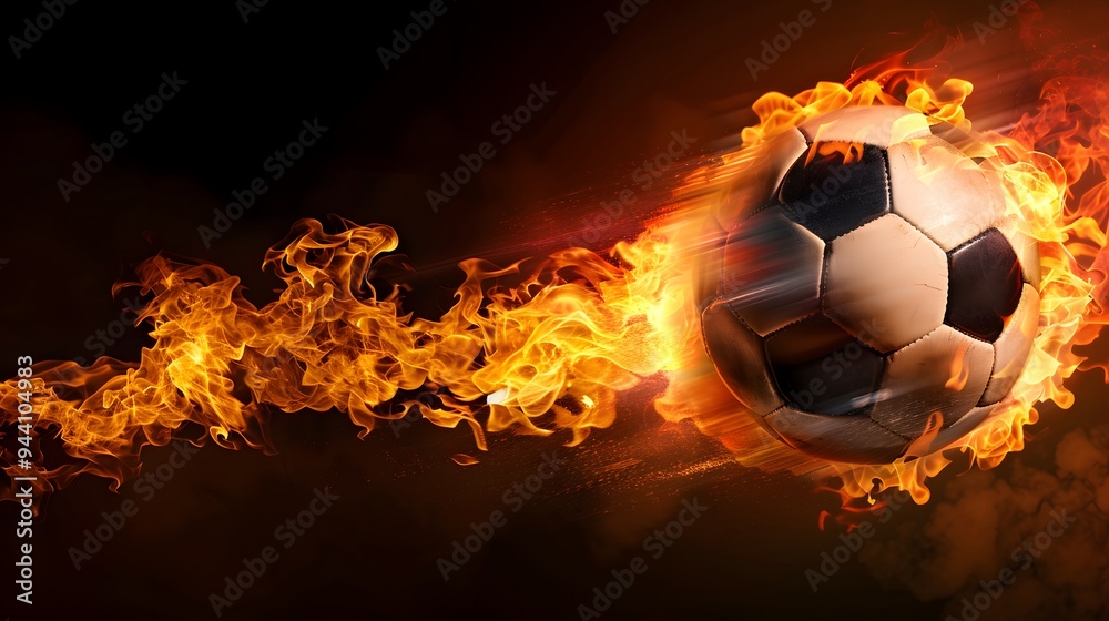 Fototapeta premium A Soccer Ball Engulfed in Flames Captures the Fiery Passion and Dynamic Energy of the Sport, Generative AI