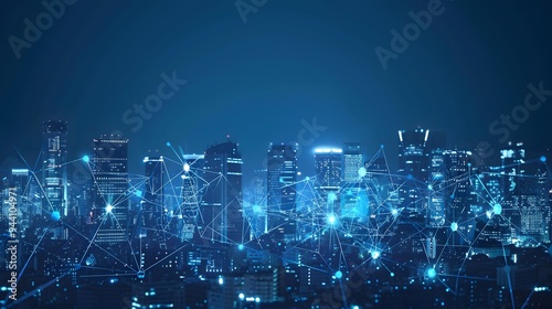 A bustling smart city skyline overlaid with glowing network connectivity lines during a picturesque sunset.