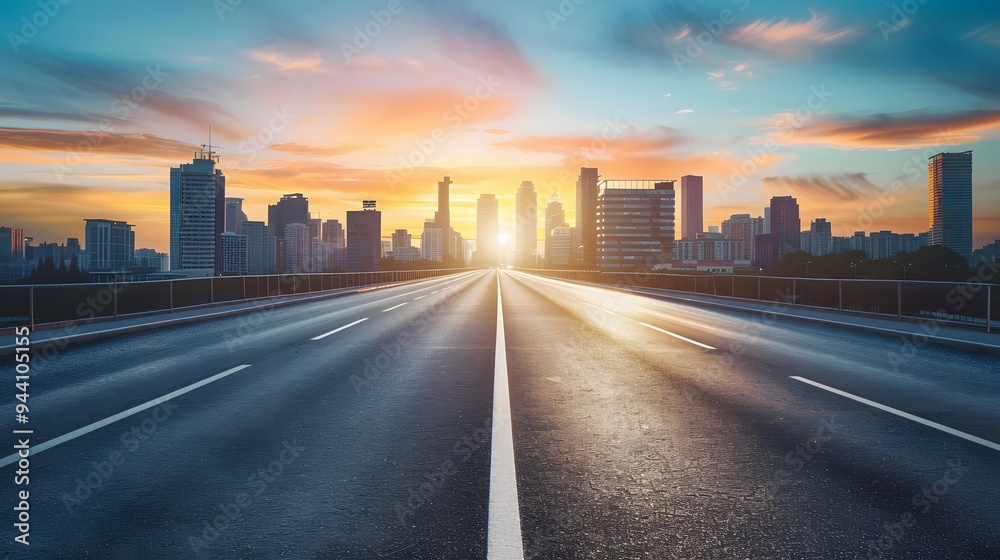 Wide asphalt roads and modern city buildings under a blue sky Wide asphalt roads and modern city buildings under a blue sky