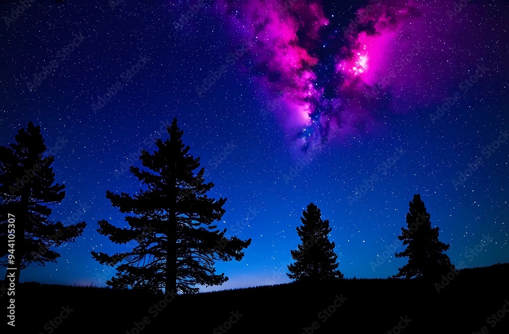 Fototapeta premium Silhouettes of forest trees under starry night violet pink sky. Summer landscape, universe or space, galaxy, stars. Astrophotography. Art wallpaper. 