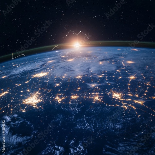 Earthrise with Constellations, Digital Illustration, Earth, stars, sunrise, constellation, space