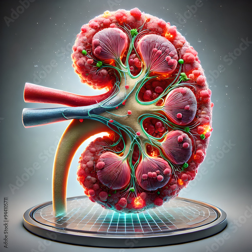 Human kidney with acute glomerulonephritis, showing inflammation ,swelling glomeruli. visibility inflamed areas within nephron, highlighting damage to filtering units kidney. inflamed, fibrotic tissue